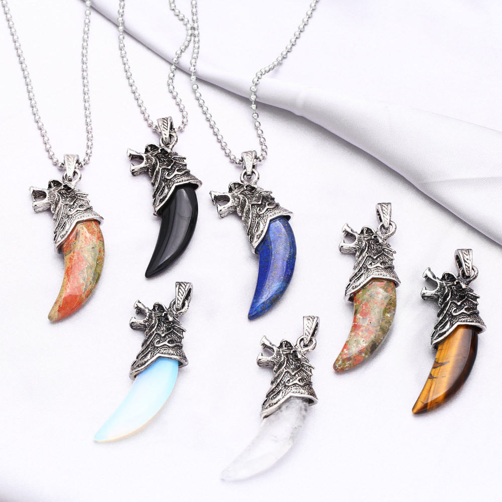 

Mens Wolf Teeth Pendant Necklaces Personality Retro Exaggerated Natural Stone Opal Amethyst Unakite Onyx Green Aventurine Tiger Eye Silver Chain Jewlery for Women