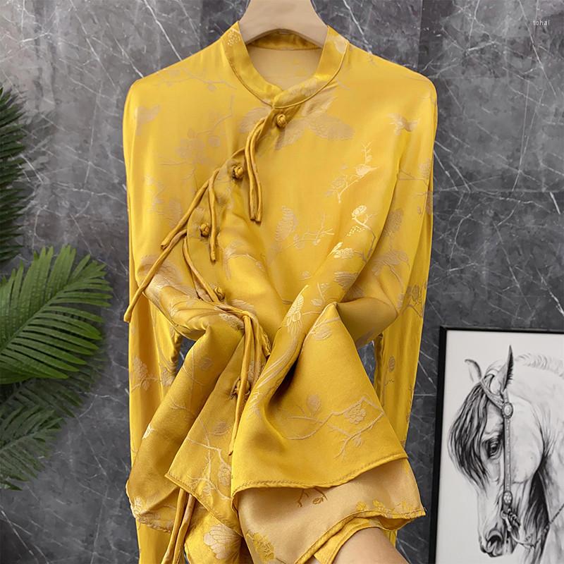 

Women's Blouses Imitation Silk Yellow Satin Jacquard Ladies Tops Long Sleeve Blouse Women Camisas Mujer