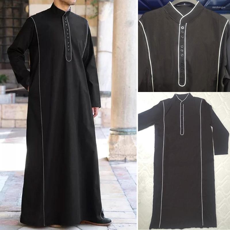 

Ethnic Clothing Islamic Style Muslim Men Middle East Saudi Arabia Jubba Thobe Casual Stand Collar Black Button Design Robe