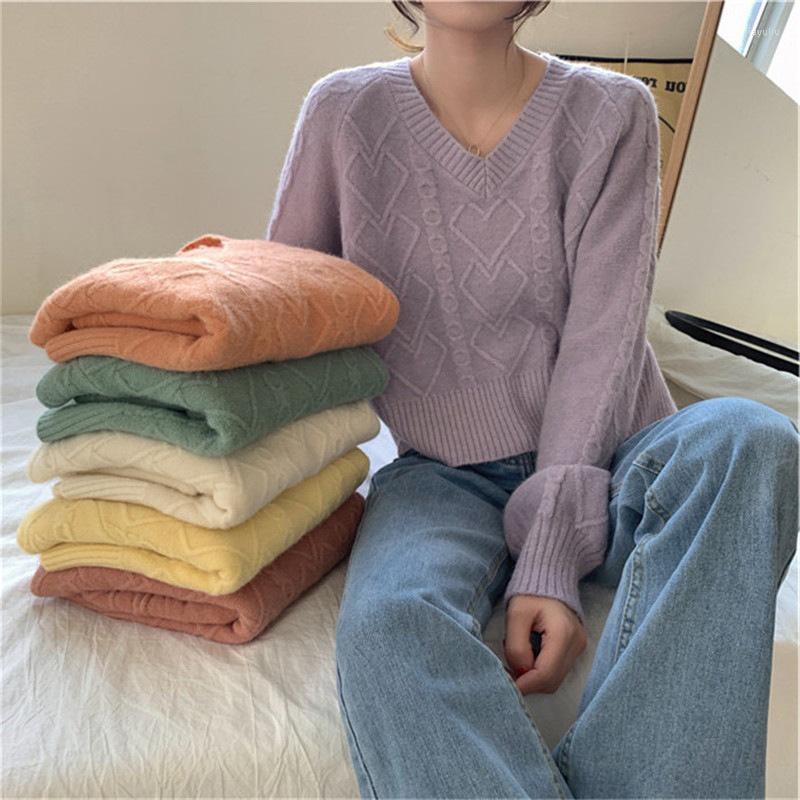 

Women's Sweaters V-neck Candy Colors Women's Sweater Knitted Long Sleeve Short Autumn Sweet Ladies Pullover 2022 Loose Casual Female, Yellow