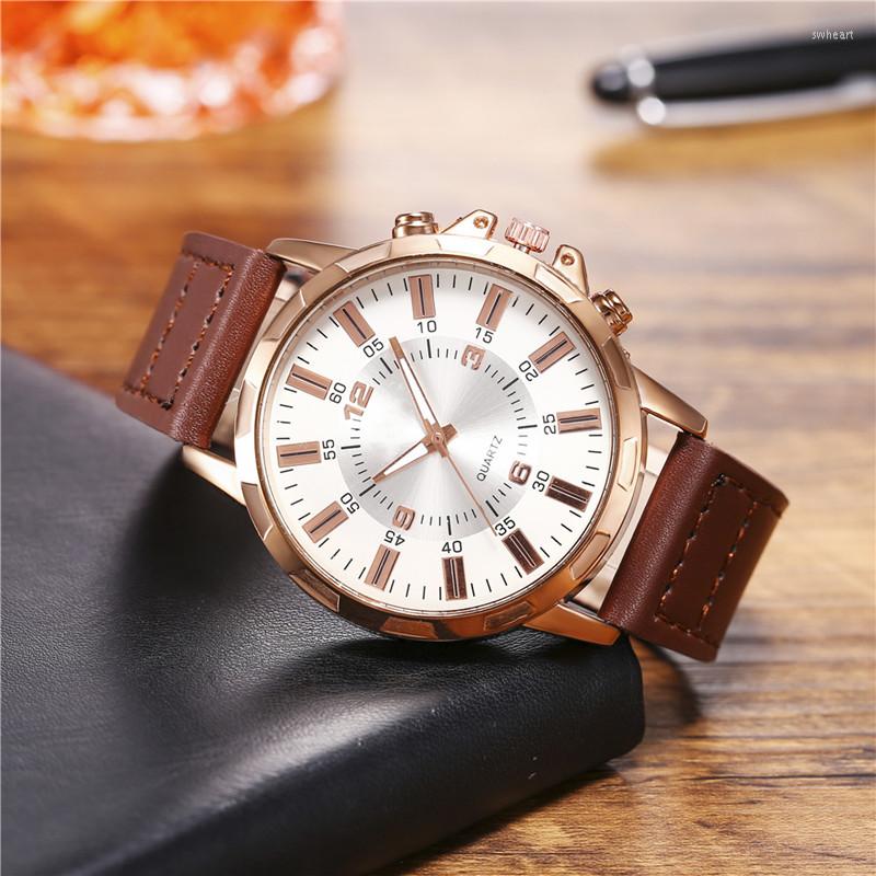 

Wristwatches Fashion Big Dial Military Quartz Men Watch Leather Sport Watches Clock Business Men's Minimalist Relogio Masculino, Brown gold