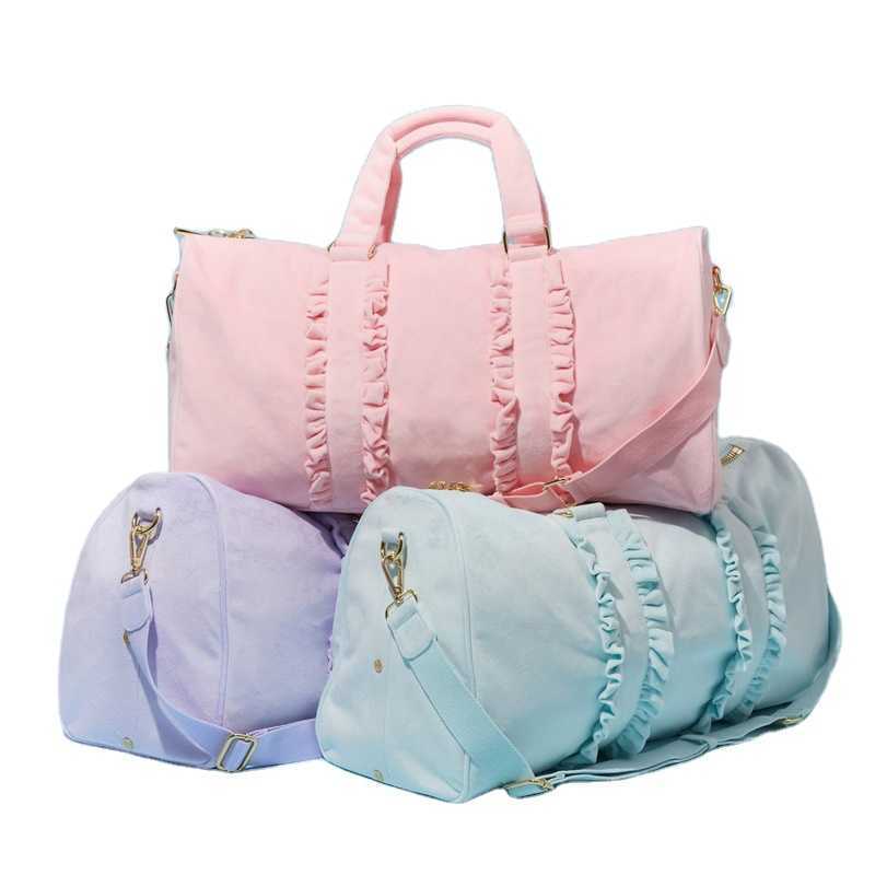 

Wholesale Women Weekender Custom Ruffle Tote Bags Velvet Pink Duffle Bag Travel