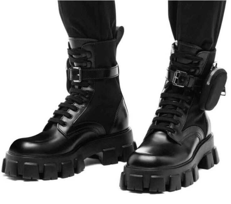 

Winter Women Ankle Boots calfskin leather Nylon Combat Booty Black Chunky rubber Lug Sole Lady Metal Triangle Booties Comfort Footwear Ankle bag Boot