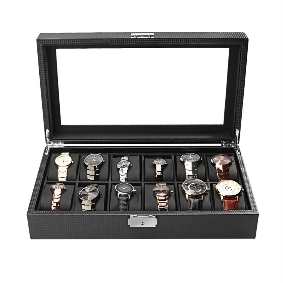 

Carbon Fiber High-Grade 12 Slots Display Design Jewelry Display Watch Box Storage Black Watch Holder Case309j