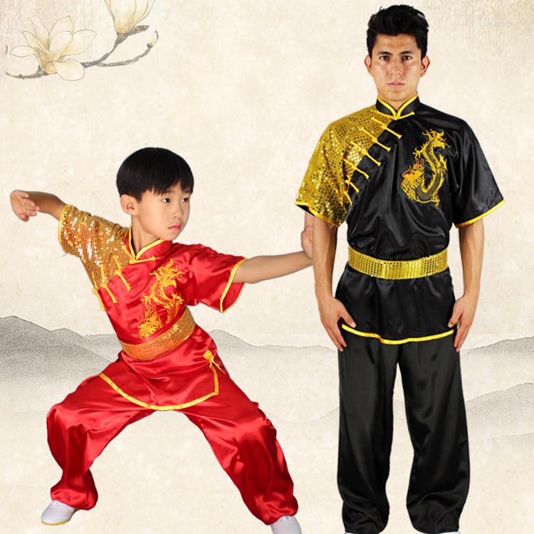 

Ethnic Clothing Kids Nanquan Long Fist Stretch Silk Suits Wushu Fighting Show Clothes Competition Kungfu Sequins Embroidered Dragon