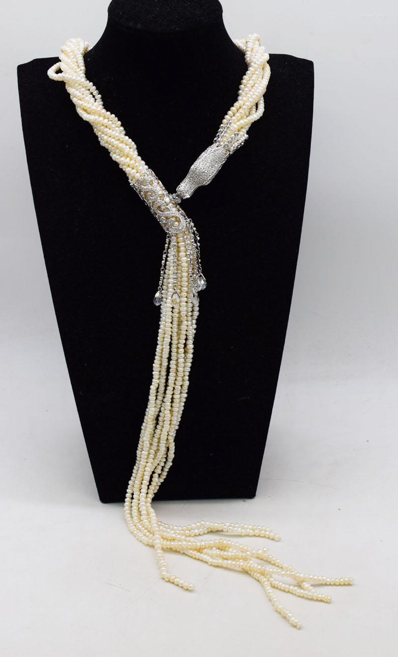 

Chains 5rows Freshwater Pearl White Near Round Dragon Zircon Clasp Long Necklace3-4mm 35inch Wholesale Beads FPPJ