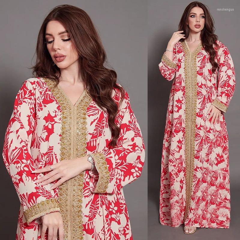 

Ethnic Clothing Dubai Turkey Muslim Dress Women Print Sequin V Neck Abaya Kaftan Morocco Evening Dresses Islam Long Robe Femme Vestidos