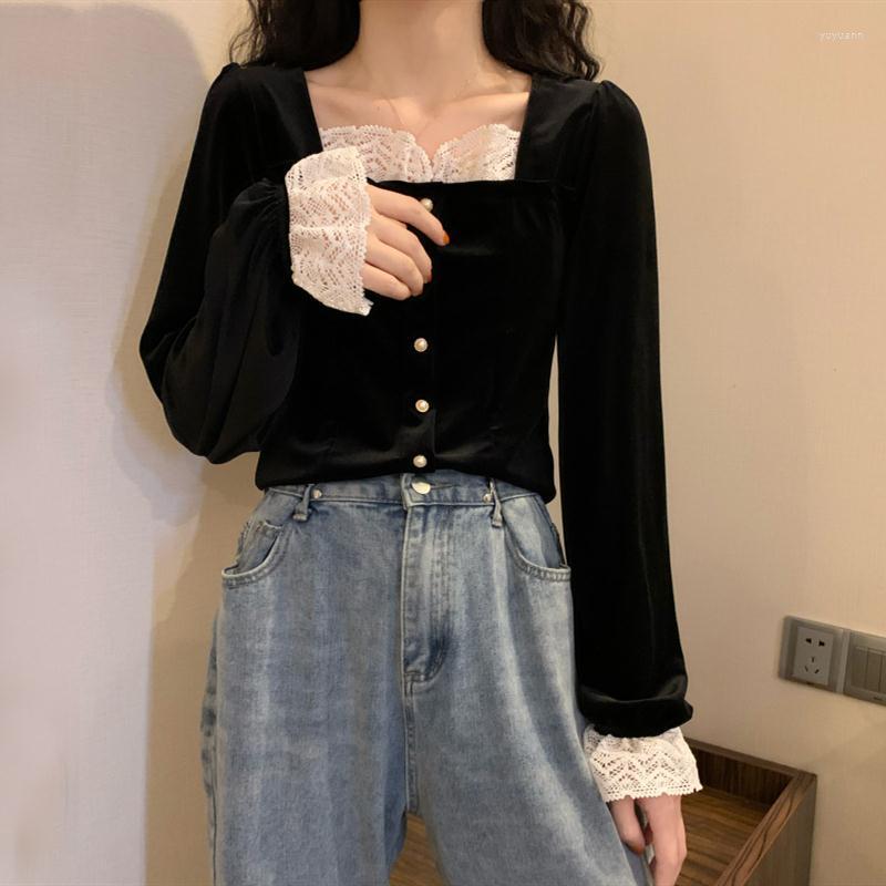 

Women' Blouses Autumn Square Collar Lace Stitching Long-Sleeved Shirt Women' Vintage Loose Top Blouse Women Blusas Ropa De Mujer, Black