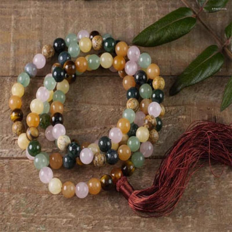 

Chains 8mm Agate Gemstone 108 Beads Mala Necklace Band Tassel Reiki Fancy Wristband Lucky Healing Spirituality Meditation