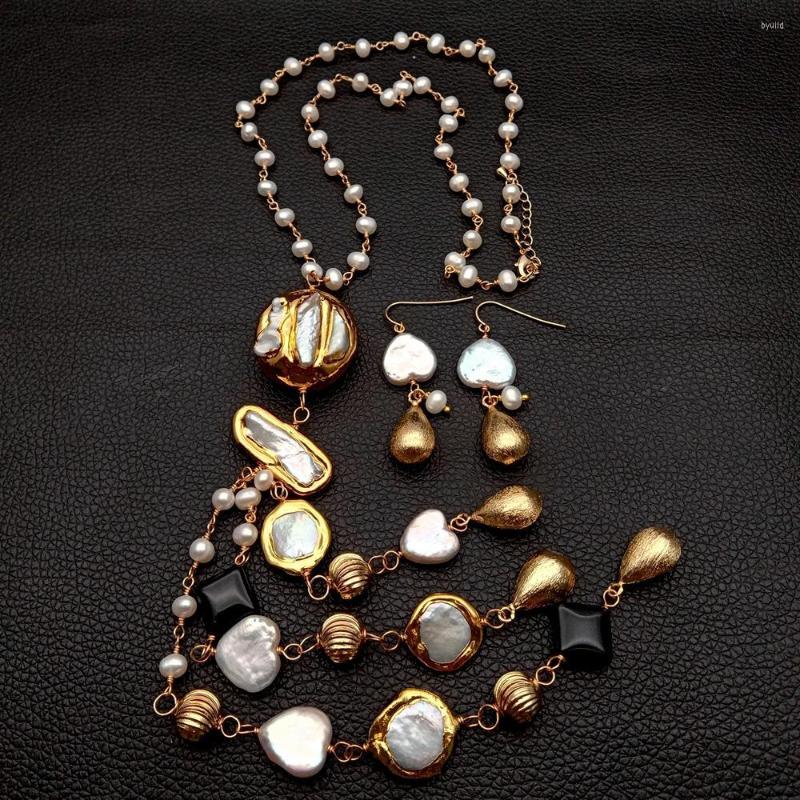 

Chains KKGEM 20" Natural Onyx White Freshwater Pearl Tassel Sweater Gold Plated Charm Chain Necklace Earrings Jewelry Set For Women