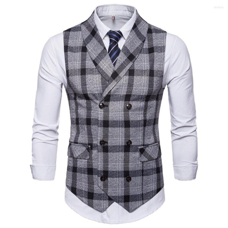 

Men's Vests Men's Suit Vest Gray Plaid Double Breasted Tailored Collar For Men Wedding Jacket Casual Slim Fit Gilet Homme 2022