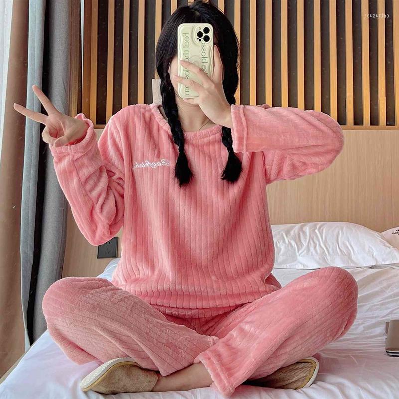 

Women's Sleepwear Autumn Winter Warm Flannel Pajamas For Women Students Cute Plus Velvet Thicken Loose Set Coral Home Clothes, R zd-111yinghuafen