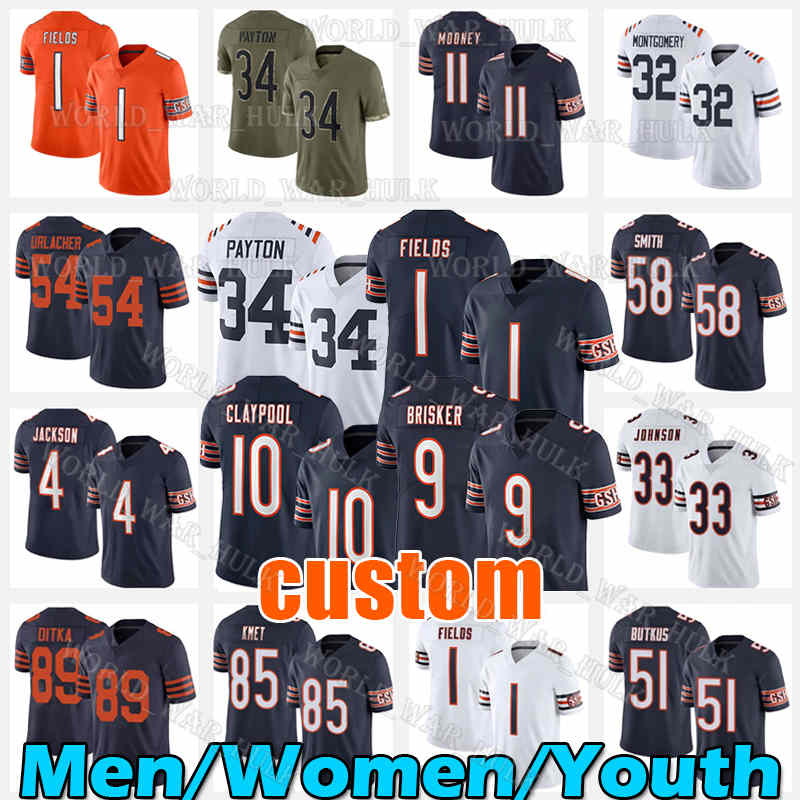 

1 Justin Fields Jersey 10 Chase Claypool Jaquan Brisker Football David Montgomery Darnell Mooney Brian Urlacher Cole Kmet Chicago Bears Eddie Jackson Walter Payton, Women new custom jersey(x d)