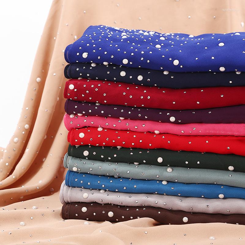 

Ethnic Clothing Pearls Chiffon Scarf For Muslim Women Plain Hijabs Fashion Turban Femme Headscarf Islam Head Wraps Veil Female Scarves