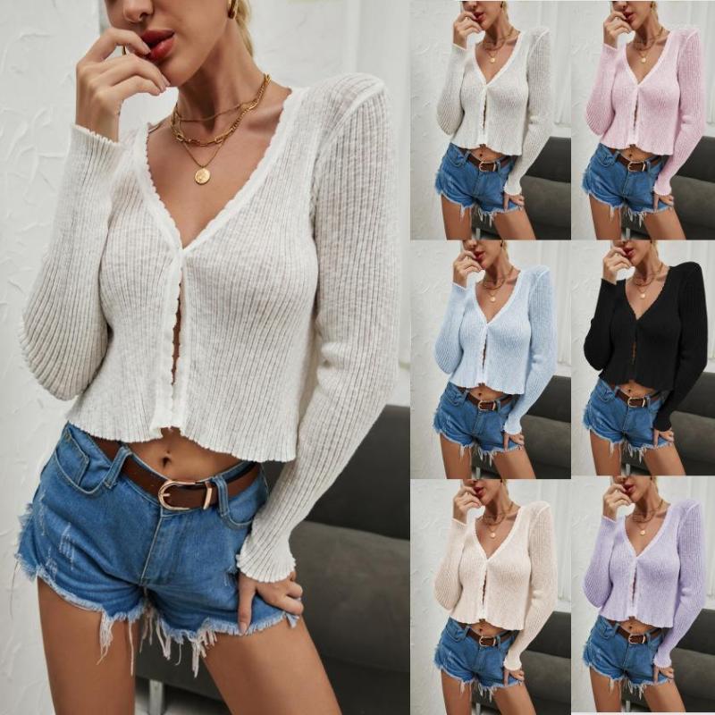 

Women' Knits Casual Women Knit Long Sleeve Top 2022 Spring Autumn Fashion Simple Sexy Button Cardigan Sweater Coat Solid Color Tops