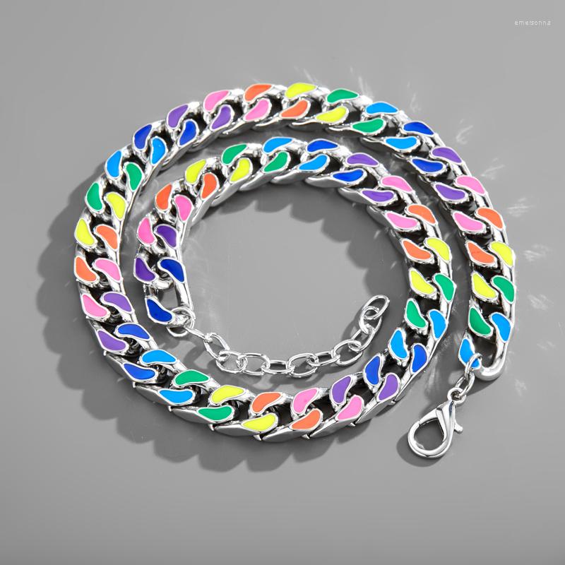 

Chains Rainbow Geometric Iced Out Cuban Link Men Necklaces 12mm Enamel Colorful Hip-hop Punk Chokers Jewelry Silver Gold Color