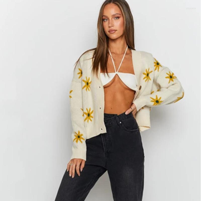 

Women's Knits Knitted Crop Cardigan Women Long Sleeve Knitwear Ladies Dropped Shoulder Single-breasted Floral Coat Vintage Sweater, White