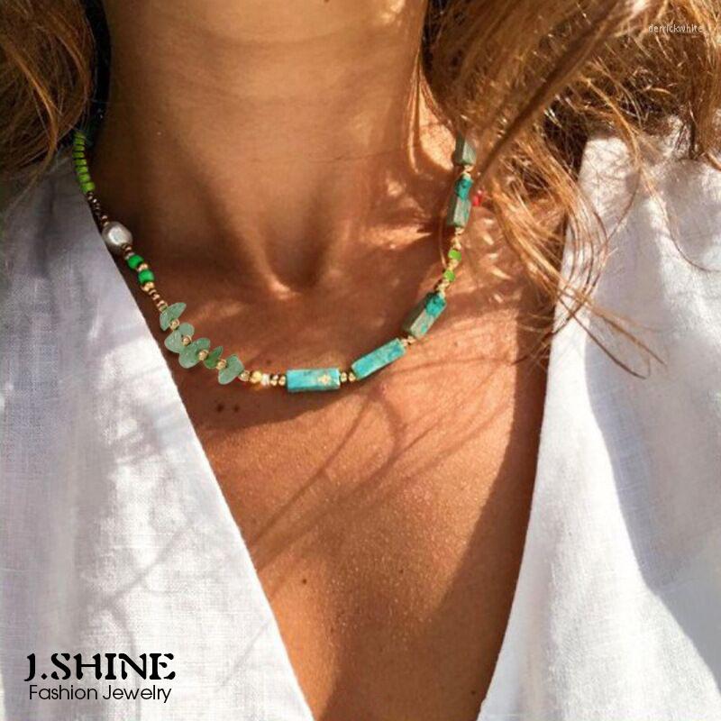

Choker JShine 2022 Natural Green Aventurine Semi-Precious Stone Necklace Women Trendy Imitation Pearl Gold Color Beads Jewelry