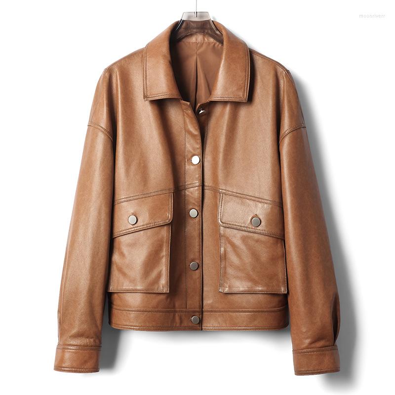 

Women's Leather Korean Design 2022 Genuine Jacket Women Motorcycle Biker Sheep Coat, Brown