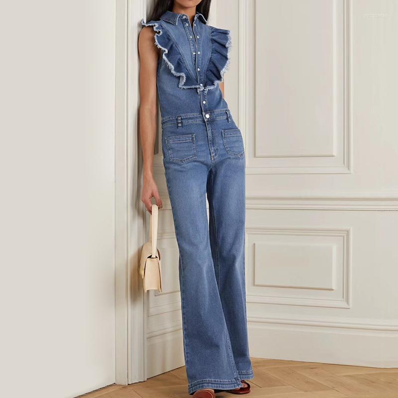 

Women' Jumpsuits HIGH QUALITY Est Fashion Runway 2022 Designer Jumpsuit Turn-down Collar Sleveeless Tassel Ruffles Denim, Picture shown