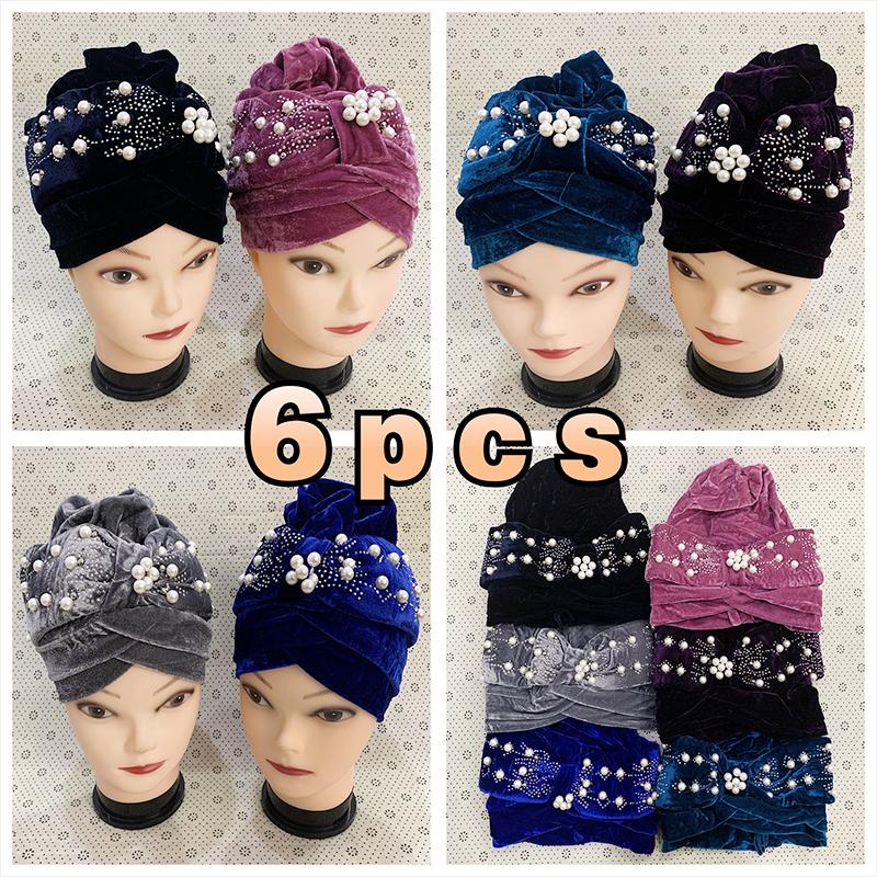 

Ethnic Clothing 6 Pieces Wholesale Fashion Velvet Women Muslim Turban Color Cotton Bandanas Beaded Braid Headwraps Hair Accessories
