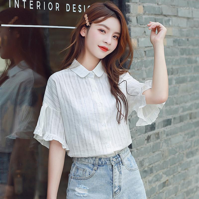 

Women' Blouses Chikichi 2022 Summer White Shirts Women Ruffle Ladies Tops Japanese Fashion Short-sleeved Cotton Striped Button Up Shirt