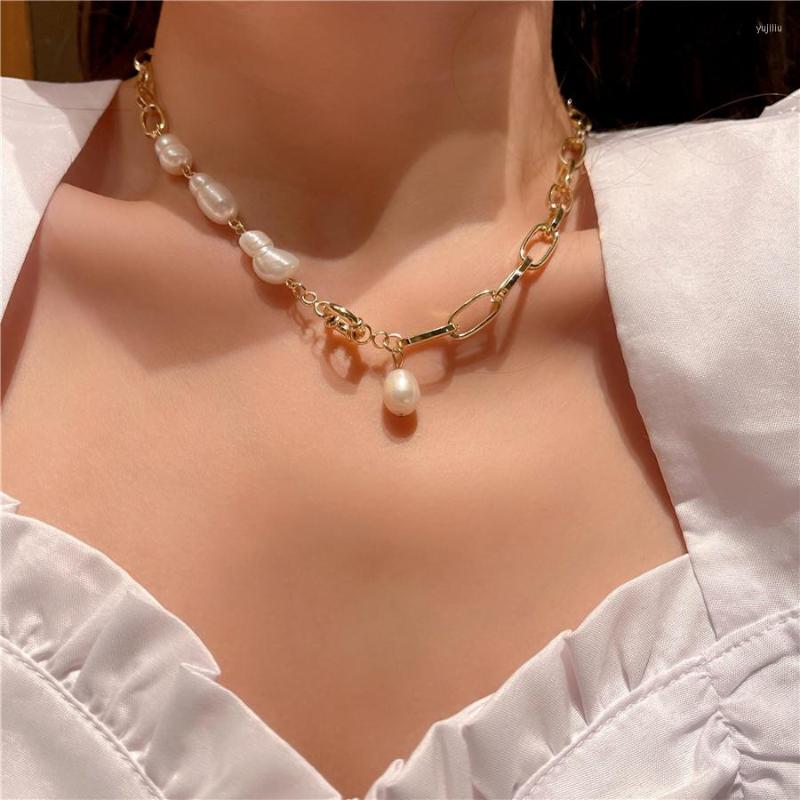 

Choker Trendy Korean Style Shaped Pearl Necklace Punk Charm Jewellery Gold Colour Splicing Necklaces For Women Vintage Jewelry