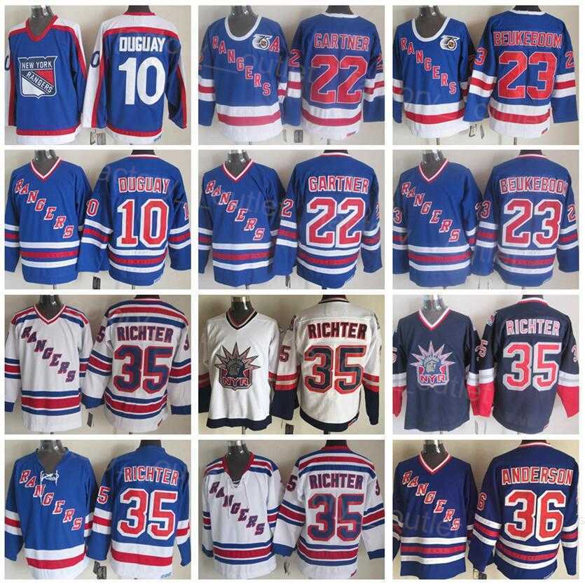 

New York Throwback Rangers Retro Hockey 23 Jeff Beukeboom Jersey 75th Anniversary 36 Glenn Anderson 35 Mike Richter 10 Ron Duguay 22 Mike, Blue