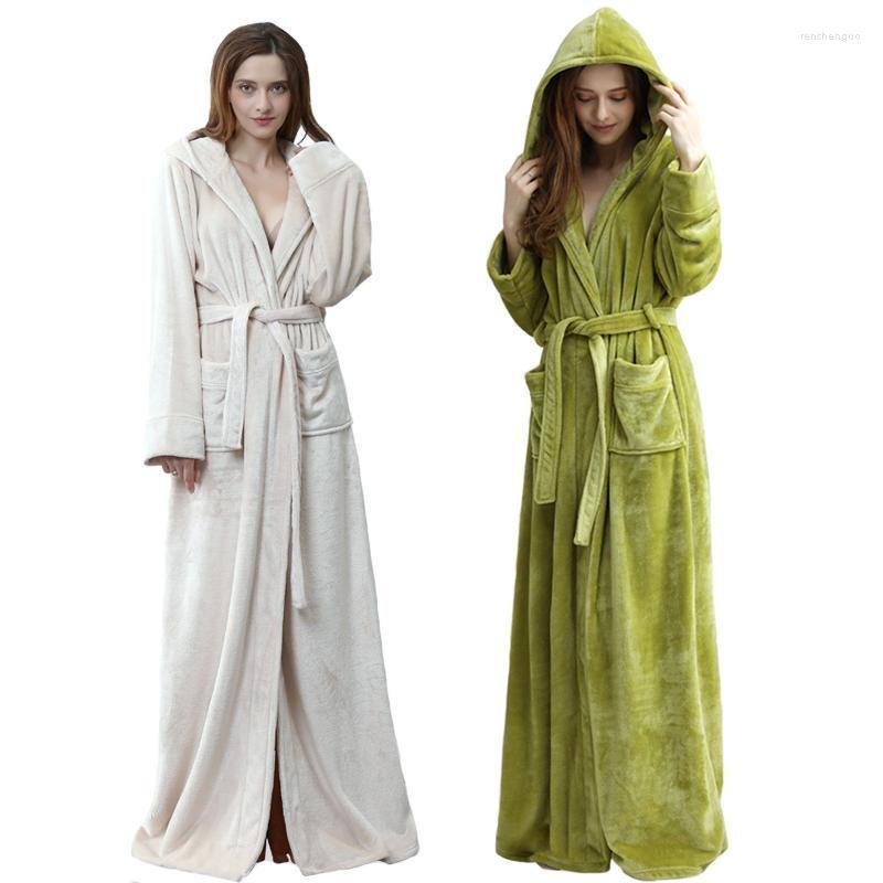 

Ethnic Clothing Long Hooded Robe Sleepwear For Women Luxurious Flannel Fleece Full Length Bathrobe Winter Warm Pajamas Shower Nightgown