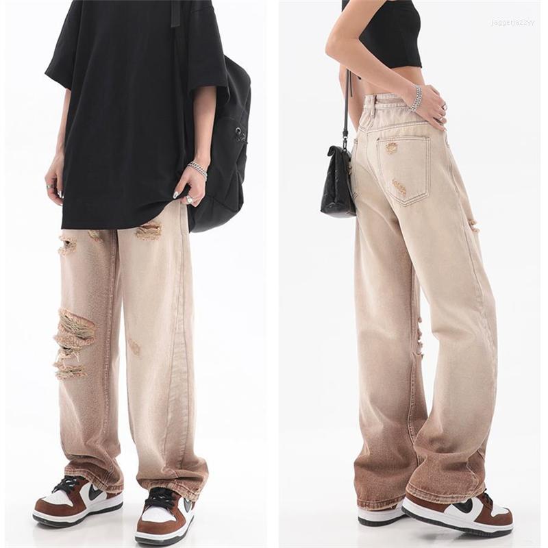 

Men' Jeans Gradient Ripped 2022 Straight High Waist All-match Distressed Women' Pants Streetwear Loose Wide Legs Men Fashion, Beige
