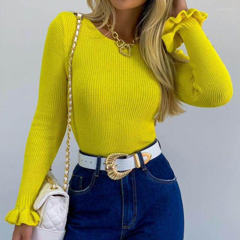 

Women' Sweaters O-neck Slim Women' Sweater Casual Petal Sleeve Knitted Autumn Winter Jumper Female Yellow Pink White Elegant Coat, Hfa9366-we-