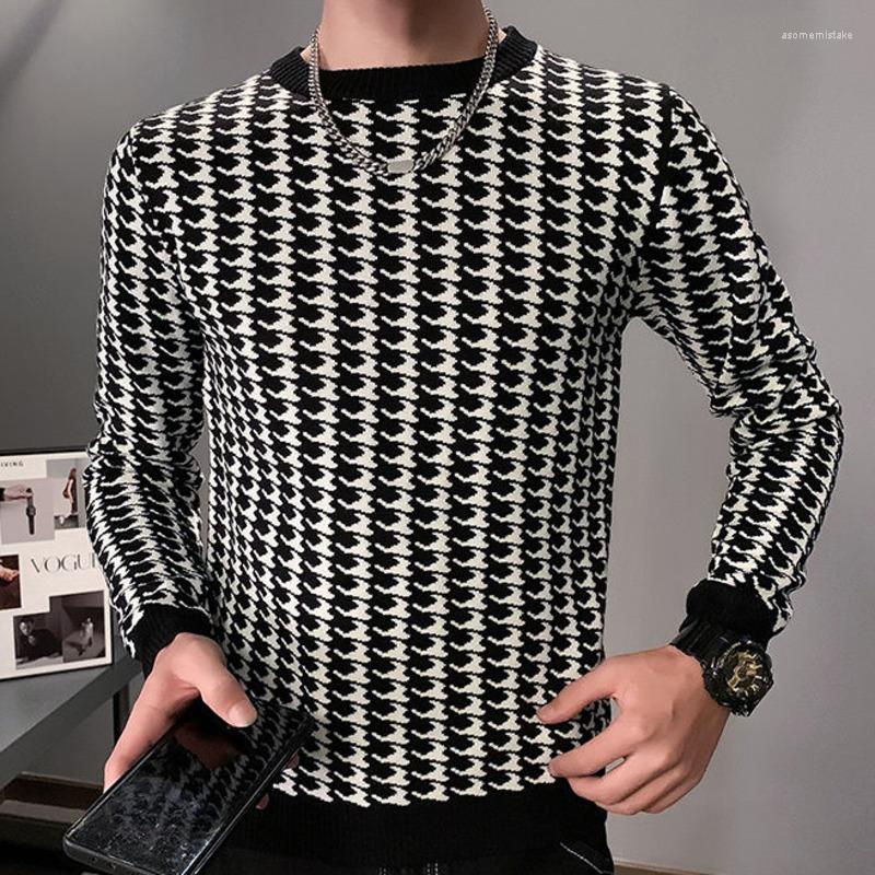 

Men's Sweaters 2022 Houndstooth Contrasting Pattern Knit T-Shirt High Elasticity Long Sleeve Slim Bottomed Tshirt Men Streetwear Knitted Top, Black