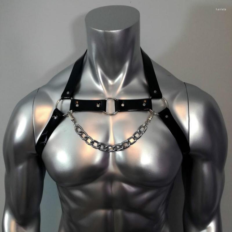 

Belts Trendy Mens Faux Leather Body Chest Muscle Harness Belt With Metal Chain Bondage Shoulder Straps Stage Costume Cosplay Clubwear, Black