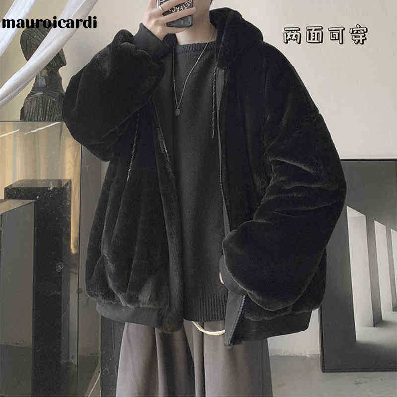 

Men's Fur Faux Mauroicardi Winter Oversized Black Warm Thick Parka with Inside Hood Long Sleeve Korean Fashion Men 2021 Reversible Coat T221102