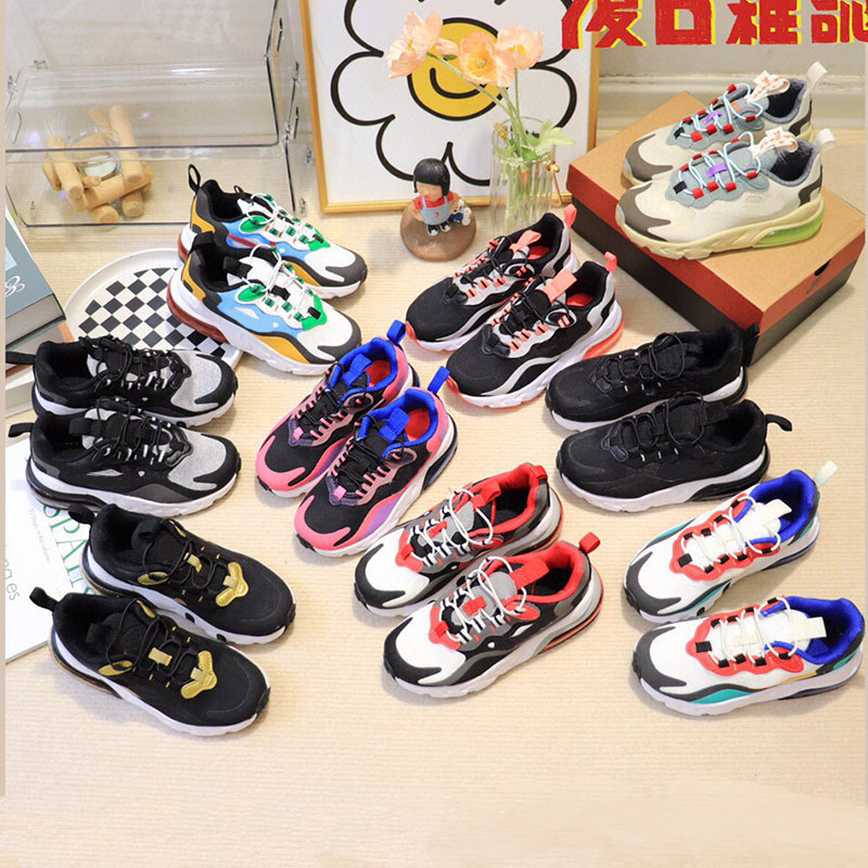 

New 270 React Kids Shoes Bauhaus TD Boy Girls Athletic Outdoor Black White Hyper Bright Violet Toddler Children Sneakers with shoe box size 25-35, With original box