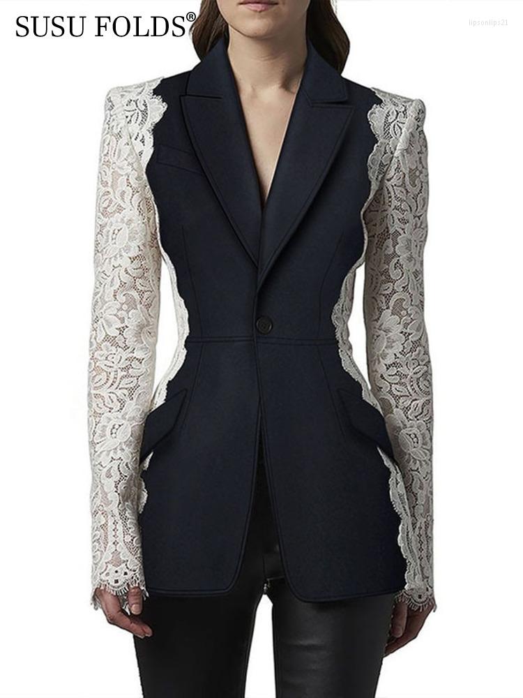 

Women' Suits SUSU White Lace Patchwork Blazers Slim Waist Notched Long Sleeve Single Button Jacket Women Clothing Autumn 2022 SU-A076, Black blazer