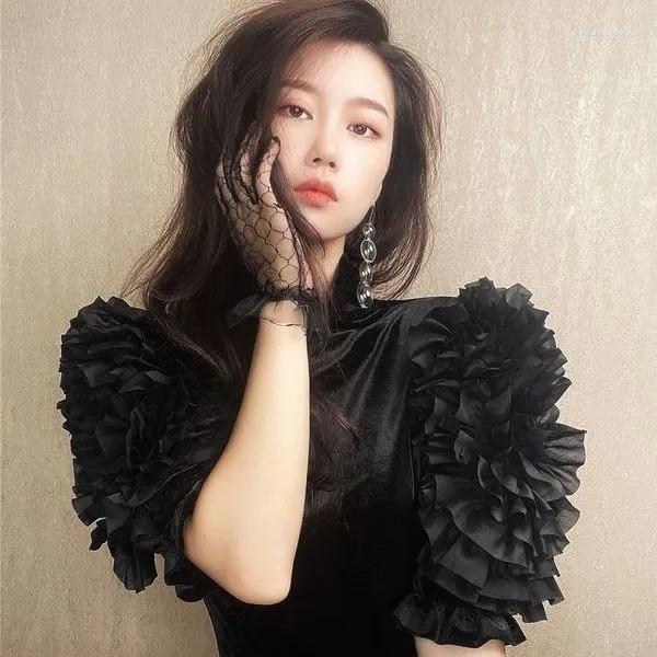 

Women' Polos EWSFV 2022 Flower Bubble Short-sleeved Lace Chiffon Shirt Slim Design Niche Top Black Ladidse Tops