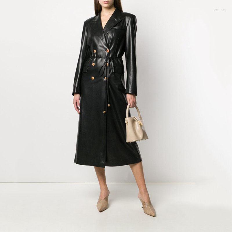 

Women's Trench Coats 2022 Autumn And Winter Hungarian Style Double-breasted Belted Temperament Commuter Faux Leather Windbreaker Long Coat, Black