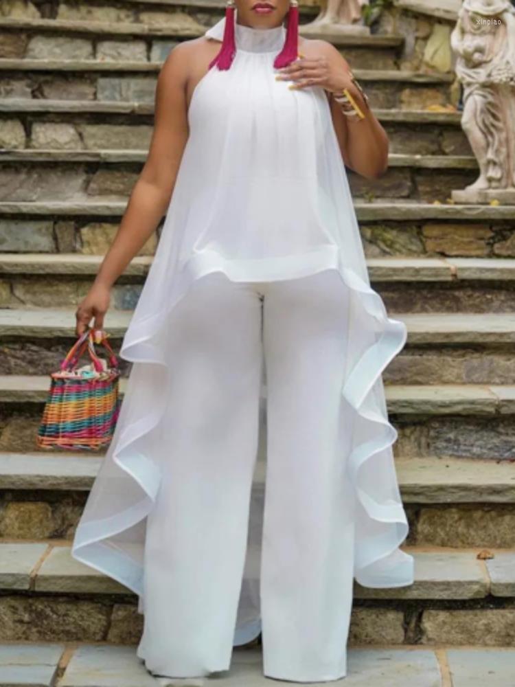 

Women' Two Piece Pants Women Summer White Pant Sets Backless Long Chiffon Blouse Wide Leg Trousers Elegant Ladies Party Vacation Beach 2
