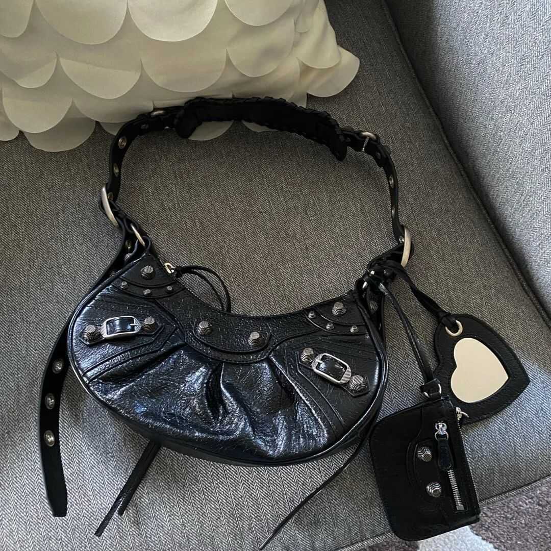 

AHer Max Design leather Balenicass biker bag B family motorcycle half moon tooth tassel three in one rivet fold cross car single shoulder 22 new women's s underarm, Black small 26cm