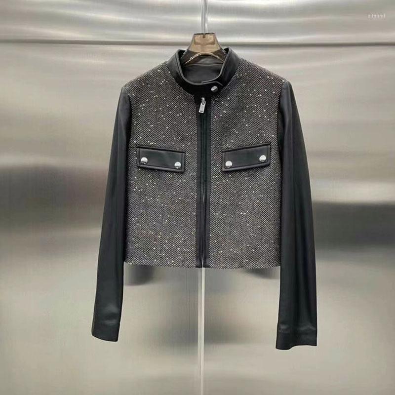 

Women' Leather Women Coat Spring 2022 Arrival Genuine Jacket Spliced Woolen High Quality Clothes Female Pocket Decoration