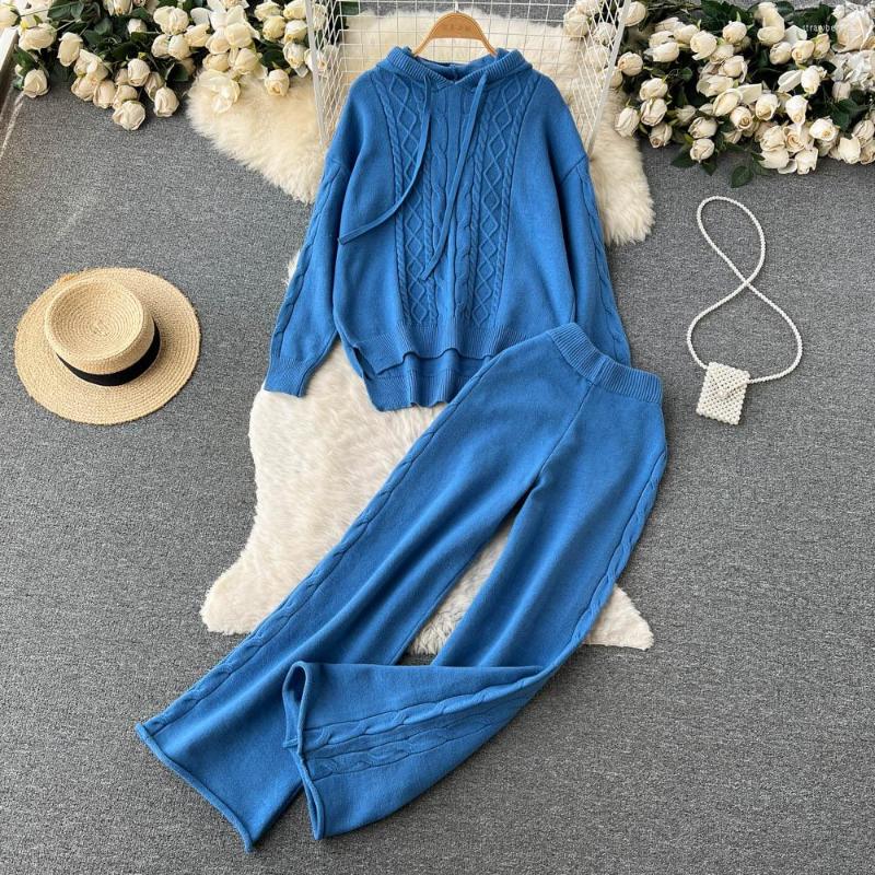 

Women's Two Piece Pants Autumn And Winter Design Sense Set Drawstring Hooded Loose Sweater Plus Drape Wide Leg Twist Two-piece, Black