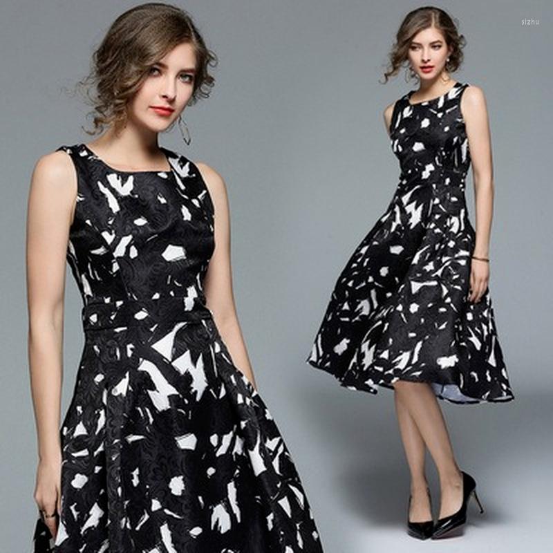 

Casual Dresses Women' Dress Print Party Girl' O-neck High Waist Sleeveless Fashion Lady Clothing Knee-Length, Black