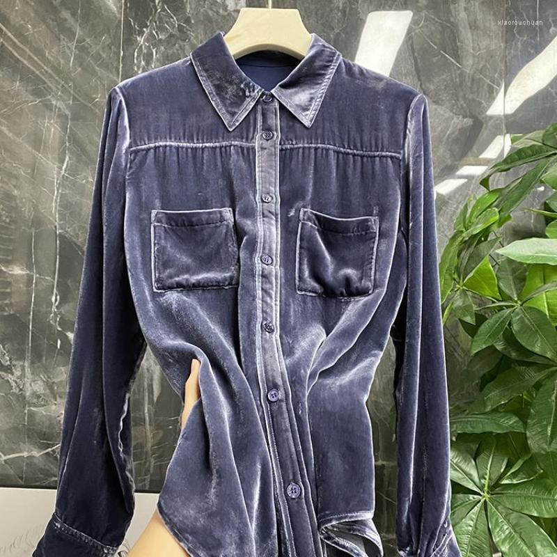 

Women' Blouses Imitation Velvet Women Double Pocket Shirt Long Sleeve Camisas De Mujer, Blue