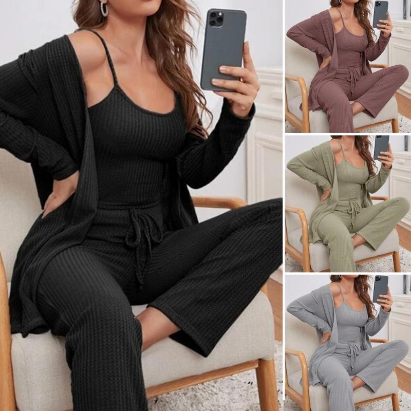 

Women' Two Piece Pants Women' Pajamas Solid Color Waffle Knit Sling Top Cardigan Robe Trousers Three-piece Sleepwear Set Casual Female, Black