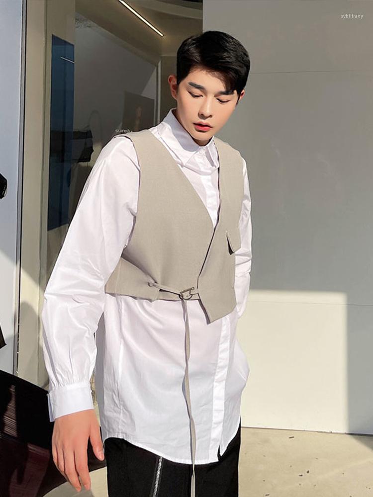 

Men's Casual Shirts Waistcoat Shoulder Shirt Two Piece Contrast 2023 Solid Color Long Sleeve Turn-down Collar Male Tops 2A5566, Black