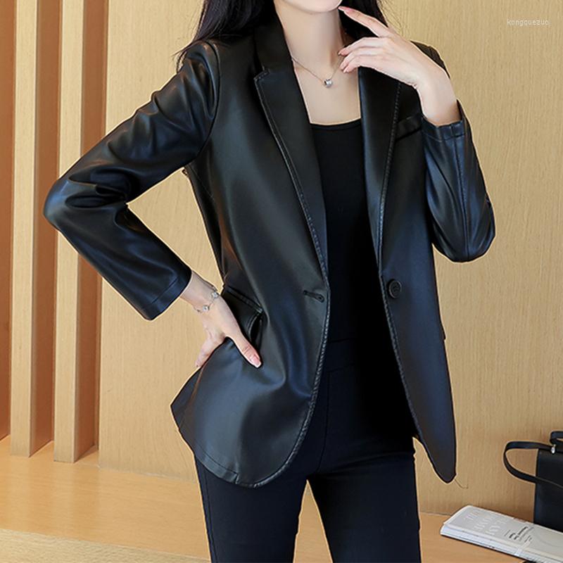 

Women's Leather Women's Faux Blazer Jacket 2022 Fall Spring Fashion Casual Solid Oversized Coat Button Down Motorcycle Bike Jackets, Black