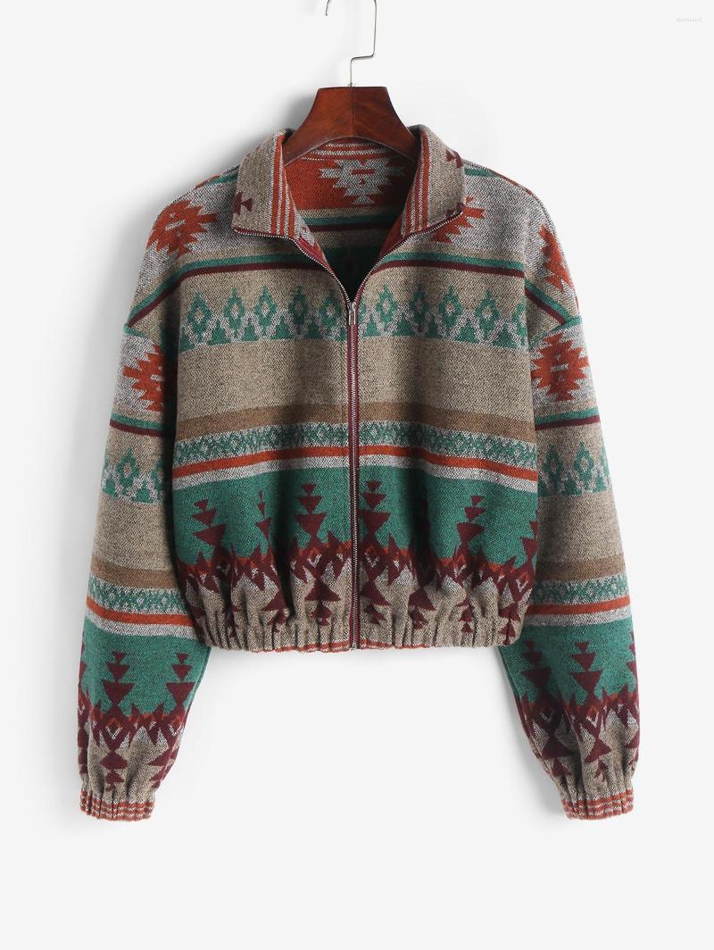 

Women' Jackets ZAFUL Ethnic Graphic Drop Shoulder Jacket Women Turn Down Collar Zipper Coat Spring Autumn Fashion Outerwear, Multi