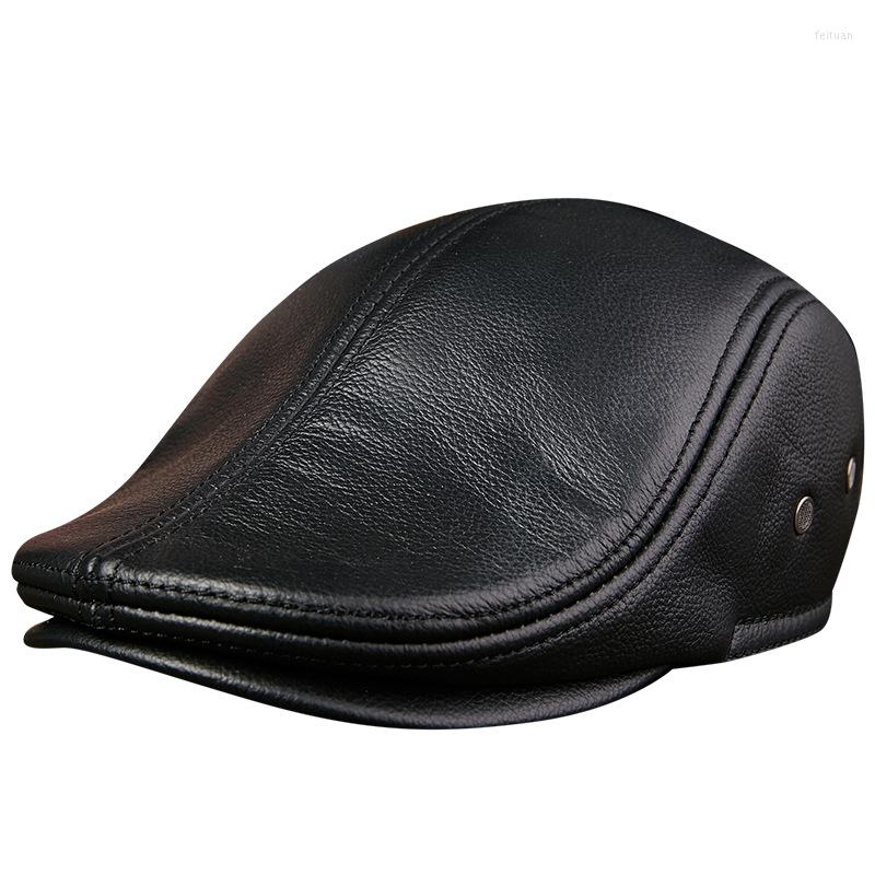 

Berets 2022 Autumn Winter Men Genuine Leather Caps Fashion Warm Male Visors Hats Gift, Black
