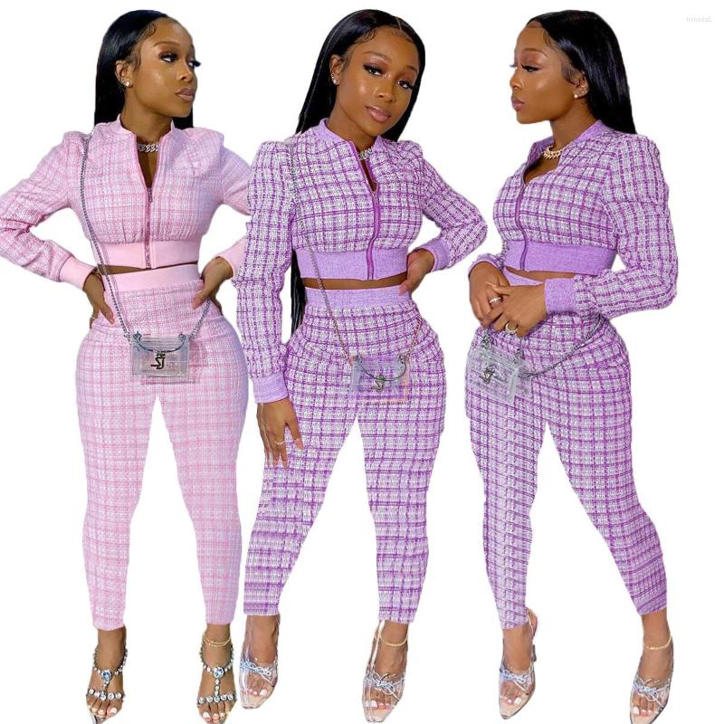 

Women' Two Piece Pants Elegant Sexy Set Women 2022 Autumn Womens Xiaoxiangfeng Zip Jacket LM8295 Plaid Print Long Sleeve Trousers Sets, Pink
